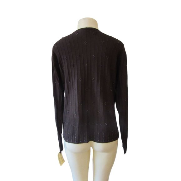 New w Tag, Vintage Silk Club Brown Beaded Long Sleeve Silk Cardigan in Sz Large - Picture 3 of 5